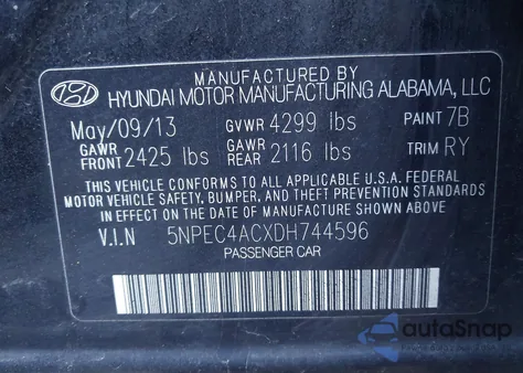 2013 Hyundai Sonata Se z USA, uszkodzony, nr VIN 5NPEC4ACXDH744596